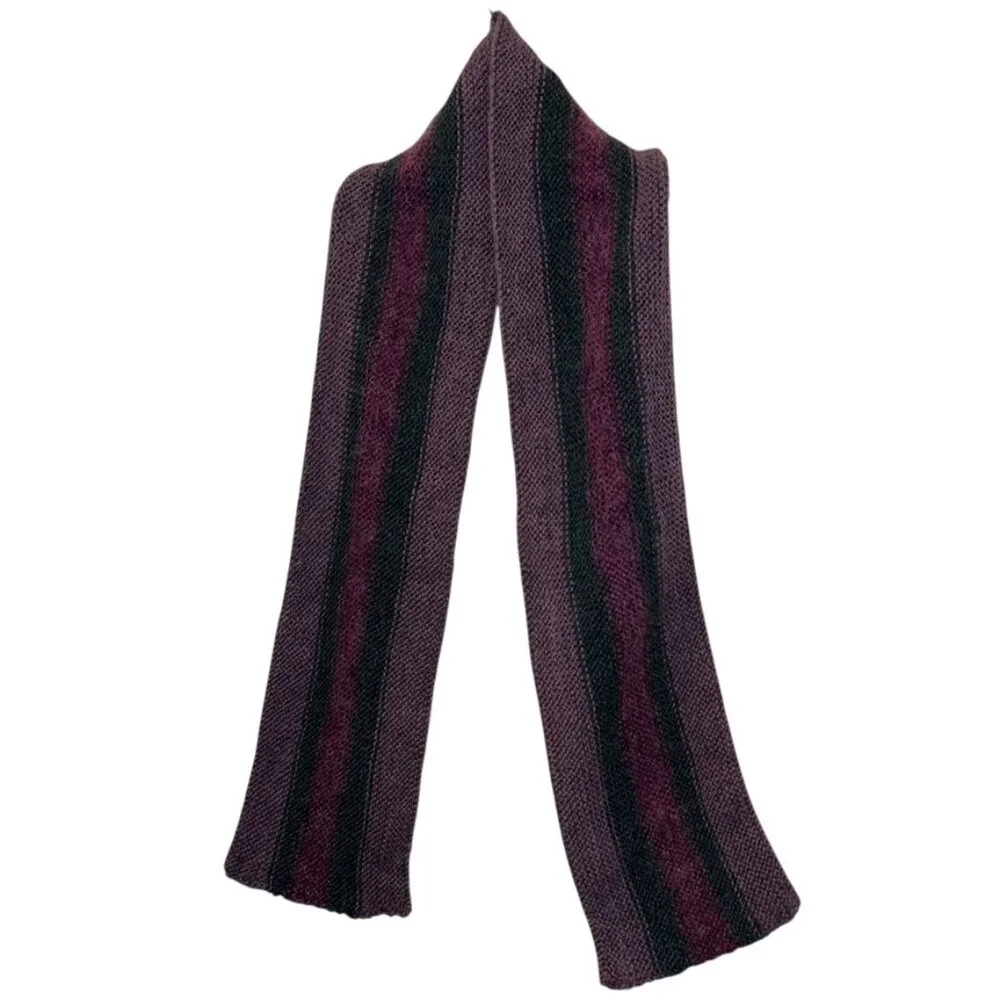 Hand Knit plum purple teal green wool and mohair striped scarf